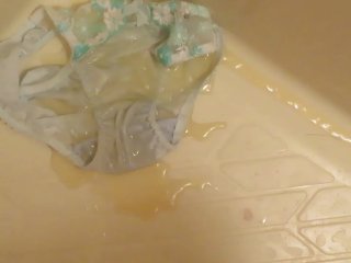 Pissing on light-blue panties!!