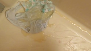 Pissing on light-blue panties!!