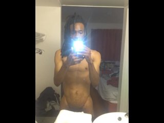 big dick, vertical video, ebony dreads, shower