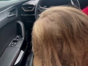 Preview 4 of Sloppy handjob and balls licking in car at supermarket parking lot with huge cumshot - Public