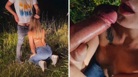 An obedient slut on her knees public sucks my cock and eats cum in the forest