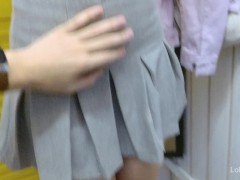 girl shows pussy upskirt without panties in the store