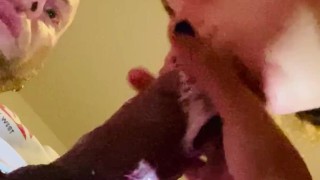 Sloppy teasing deepthroat handjob, dripping throatpie 