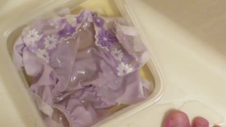 Pissing on light-purple panties!!