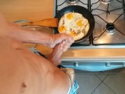 Preview 2 of Big dick is cuming on his breakfast, adding some deliciousy 💦🍳