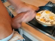 Preview 3 of Big dick is cuming on his breakfast, adding some deliciousy 💦🍳