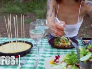 Preview 1 of Mofos - Petite Beauty Silvia Soprano Enjoys Some Food & Jordi's Big Cock In Her Ass Out In Nature
