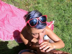Outdoor blowjob with sunbathing girlfriend. Cum swallow.