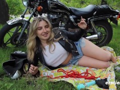 Biker girl Jessica takes us for a nasty cooling off