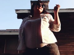 Public restroom BBW teasing herself for the camera, plus smoking outside