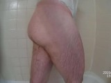 Ugly small fake tits cross dresser masturbating in shower with gooey cum shot