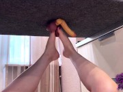 Preview 1 of Girlfriend decided to milk my dick with her feet on the milk table, I cum her feet AnnyCandyPainboy