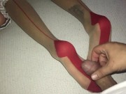 Preview 2 of Big cumshot on beautiful legs in red nylons