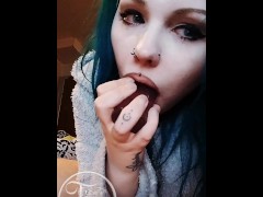 Cry on it! Submissive sucking her dildo and tearing up 