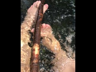 solo female, toes, river, nature