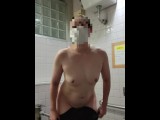 Slut masturbates crazy while squirting a lot in a public toilet at night