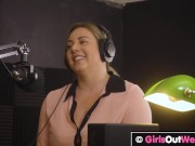 Preview 1 of Chubby busty girl licks hairy pussy and ass in the studio