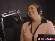 Preview 2 of Chubby busty girl licks hairy pussy and ass in the studio
