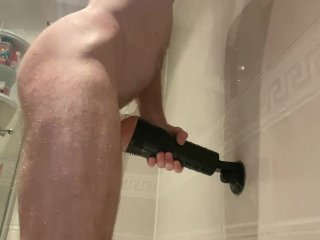 Fucking Fleshlight in Shower Before_Masturbating Lubed_Big Cock to Cumshot in Bath, Hot_Straight Guy