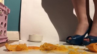 Sexy Girl In High Heels DECIMATES TRAMPLES And GETS WET AND MESSY With Her Food