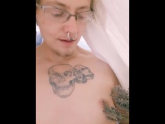 Shy trans sissy plays with a lavender broom