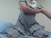 Preview 1 of Crossdresser Wearing a Grey Dress and Jerking off on a Sanitary Towel