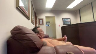 Exhibitionist naked at work and edging his cock in receptionists office