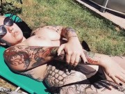 Preview 5 of Hot inked girl playing with her big boobs next to the pool