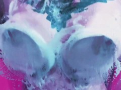 Hot chick washing her boobs in a foamy shower
