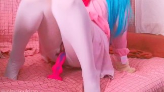 Girl playing with her new monster pink dildo dragon dildo ride in white thigh high socks