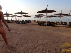 Transparent bikini, naked in the beach shower and thong in public