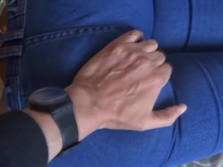 The big ass of my 58 year old latina wife in jean_and thong, licked and cumshot on her hairy pussy