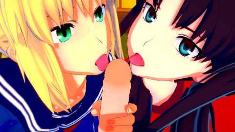 Fate/Stay Night: Follando a Rin y Saber al mismo tiempo (3D Hentai sin censura)