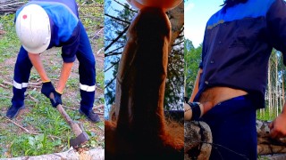 A lumberjack fucks a found masturbator, and a colleague watches him