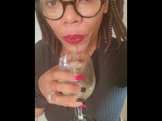 Peeing my Panties while Catching it in a Wine Cup Sipping and Slobbering all over my Saggy Tits