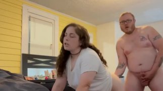 Railing my wife from behind then cumming on her tits 