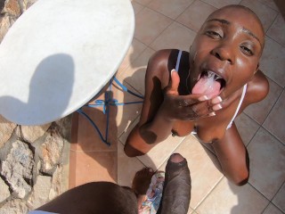 African Pussy with Bald Head Fucked Doggy by a Huge Cock & Sprayed Full in her Mouth