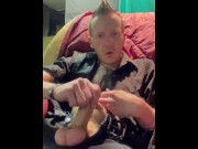 Preview 4 of Beermunkie in black curious guy  jerking that white trash punk  huge cock until he tastes his own cu