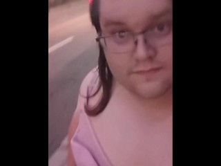 Chub Sissy Walks outside in Bra and Skirt!