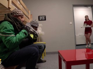 Fake Hostel Manageress uses her big tits and juicy ass to fuck two guys in a threesome