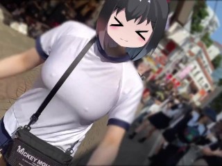 あそこにおもちゃをセットしてノーブラブルマで原宿をランニングする巨乳娘