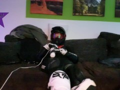 Biker cumming inside a dainese suit