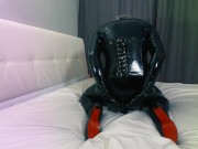 Preview 4 of Latex catsuit sissy slut rides horse dildo in leather high boots and corset in hotel room