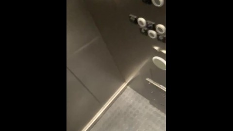Lontra loira atrevida fazendo xixi no elevador público - urinando na garagem - Elevador de vidro - N