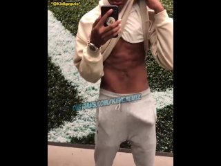 Showing my print in gray sweatpants before I pull my dick out in the mall changing room