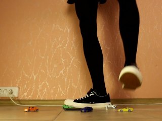 TRANNY GIANTESS CRUSHES TOY CARS IN SNEAKERS, MINI SKIRT AND DARK PANTYHOSES - 1 (CRUSH FETISH)