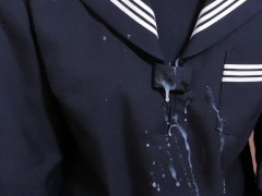 スカーフコキでセーラー服にべっとり射精 Cum onto Sailor School Uniform