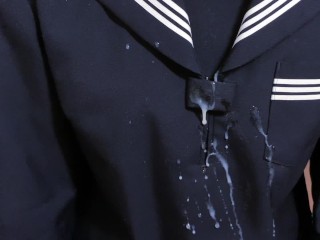 スカーフコキでセーラー服にべっとり射精 Cum onto Sailor School Uniform