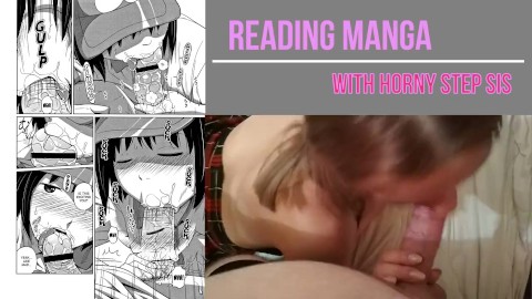 Reading hentai manga with step sister causes to cum inside her - POV blowjob, doggy sex, creampie