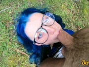 Preview 5 of cutie in glasses with blue hair fucks and gives a good blowjob in the woods
